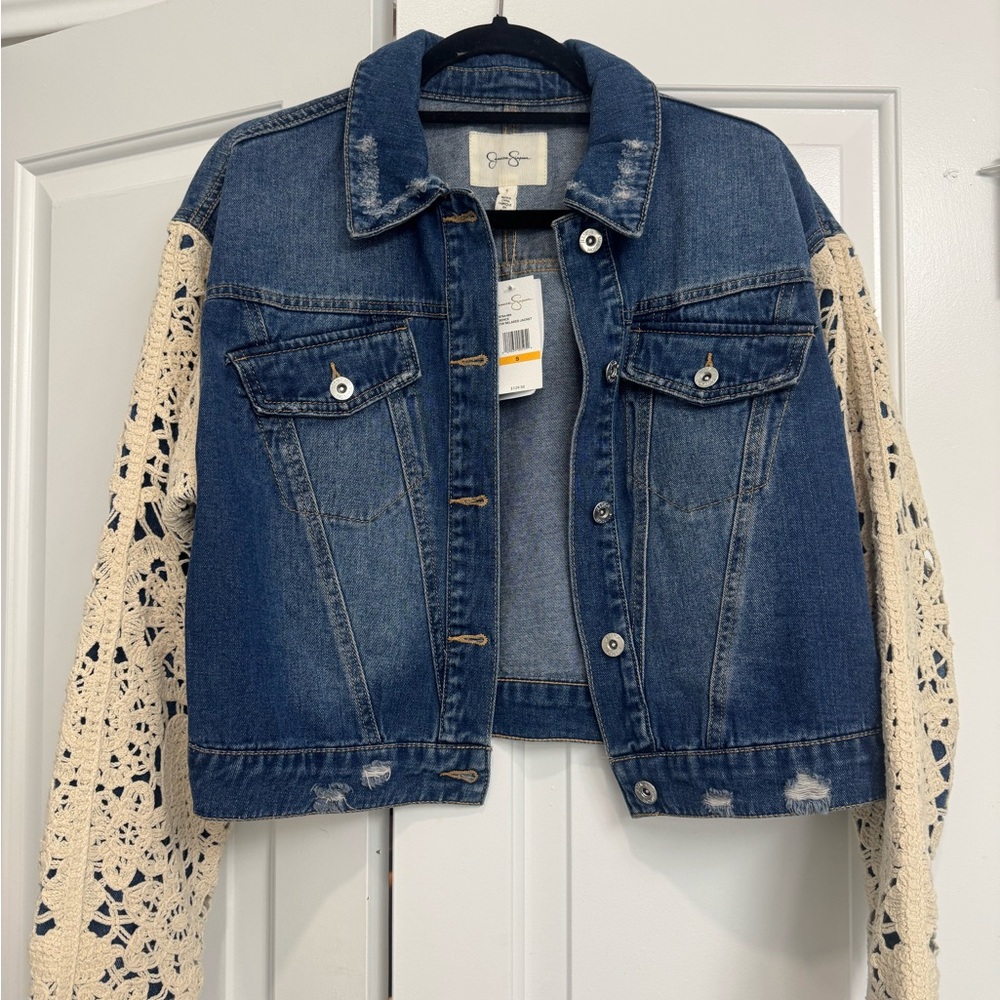 NWT Blue Denim Jacket with Cream Crochet Sleeves